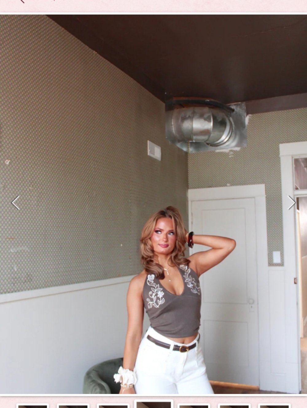 Blue Blush Brown Halter Top with White Floral Embroidery